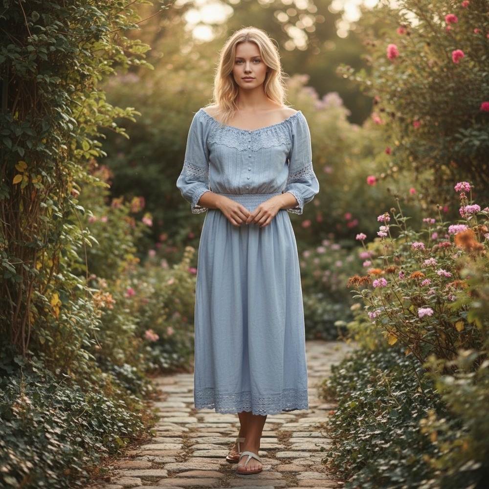 Sahalie Light Blue Cotton Crochet Lace Midi Peasant Dress‎ XL Smocked Waist Boho